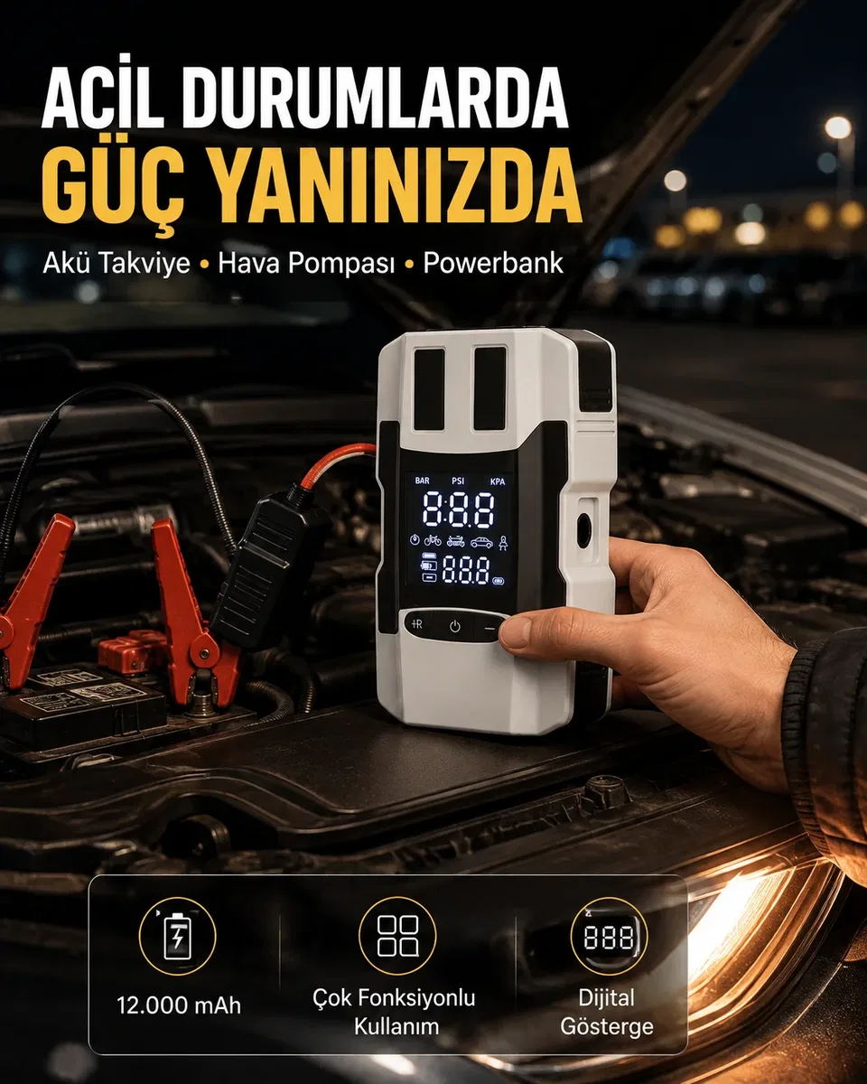 Dijital Ekranlı Araç Pompası Akü Takviye Powerbank 12. 000 mAh Yeni Nesil