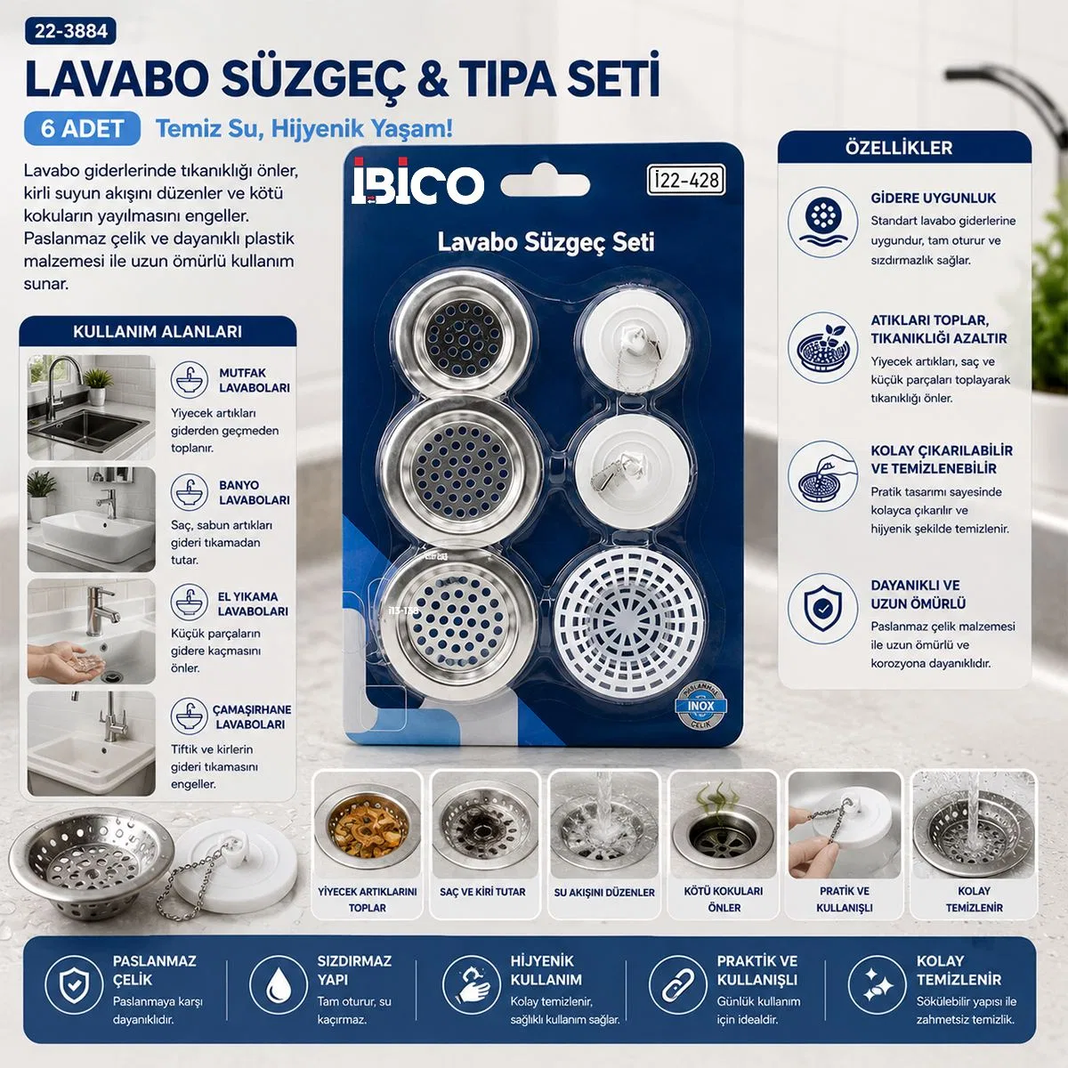 Lavabo süzgeç ve tapa seti görsel 2