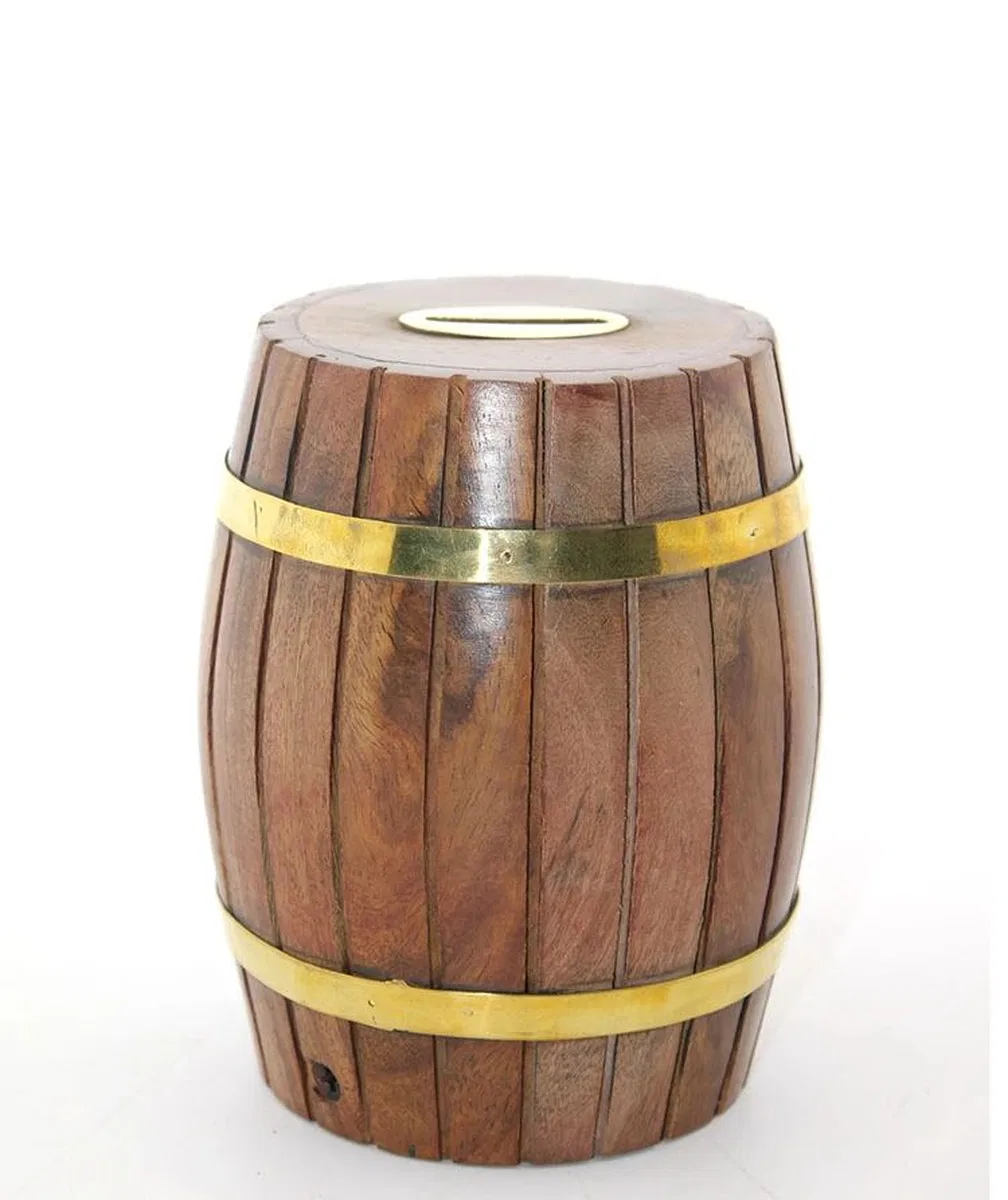 Pirinç Ahşap Fıçı Kumbara 12. 5 Cm Wb535