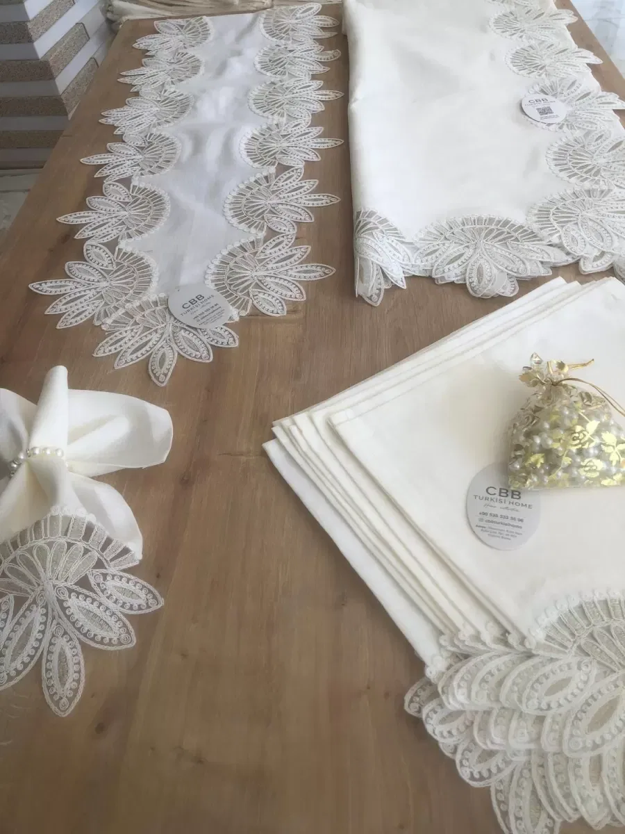 Sofra Takımı Lady Gardenya Keten Yemek Takımı 160x220 Masa Seti 12 Kişilik 26 Parça Runner Set Kreme Gold görsel 9