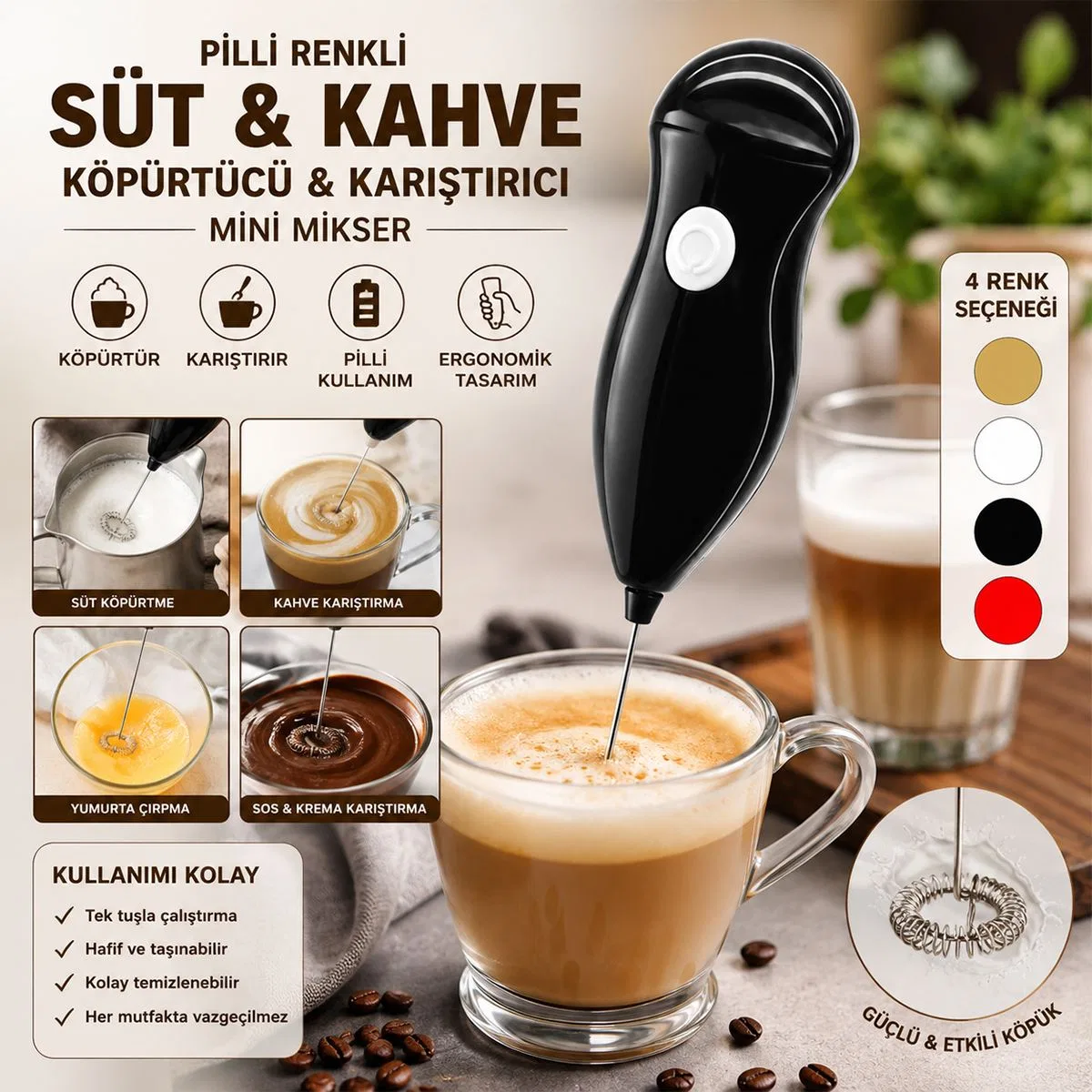 Pilli Mini Süt ve Kahve Köpürtücü görsel 3
