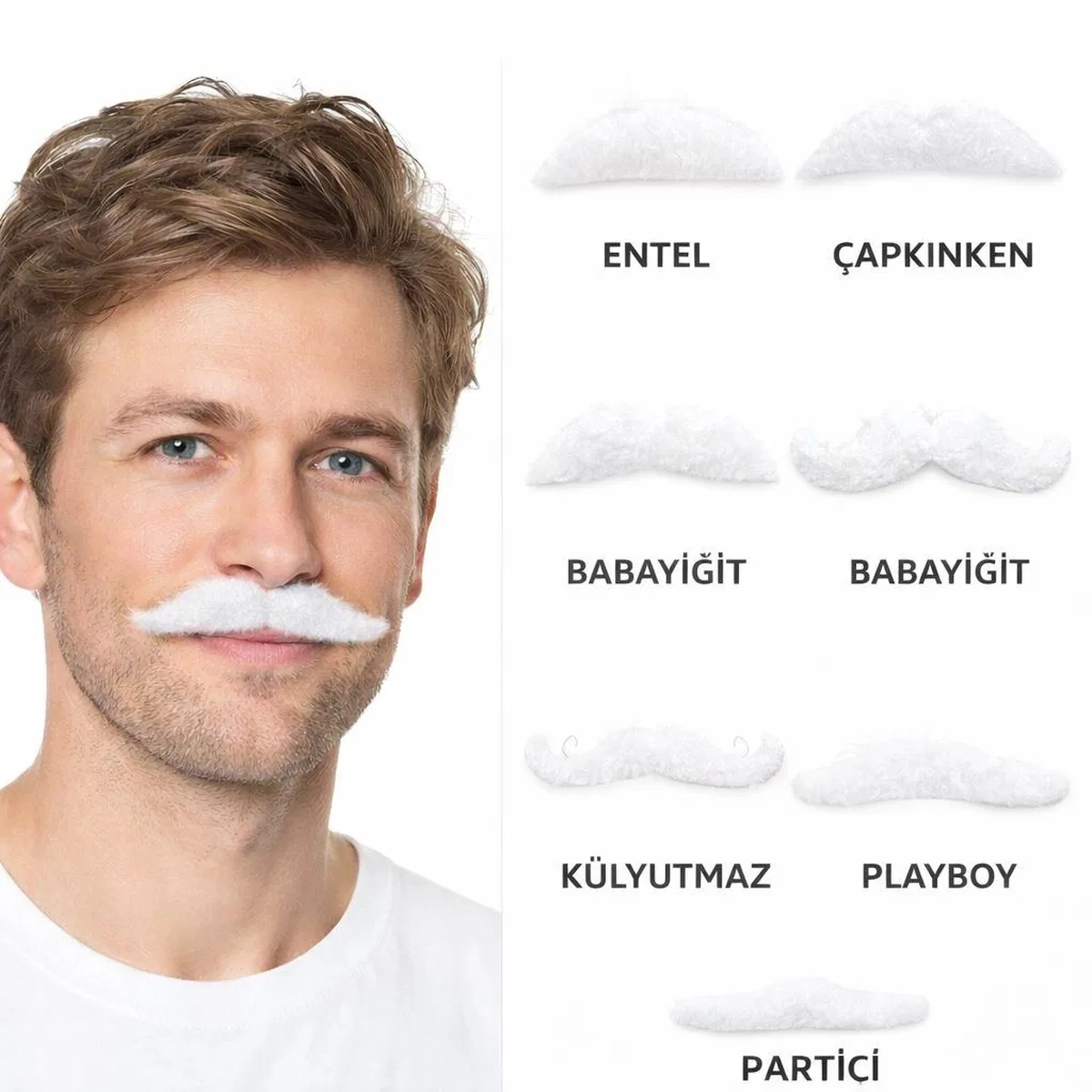 6’lı Yapışkanlı Beyaz Parti Bıyık Seti – Farklı Modeller görsel 2