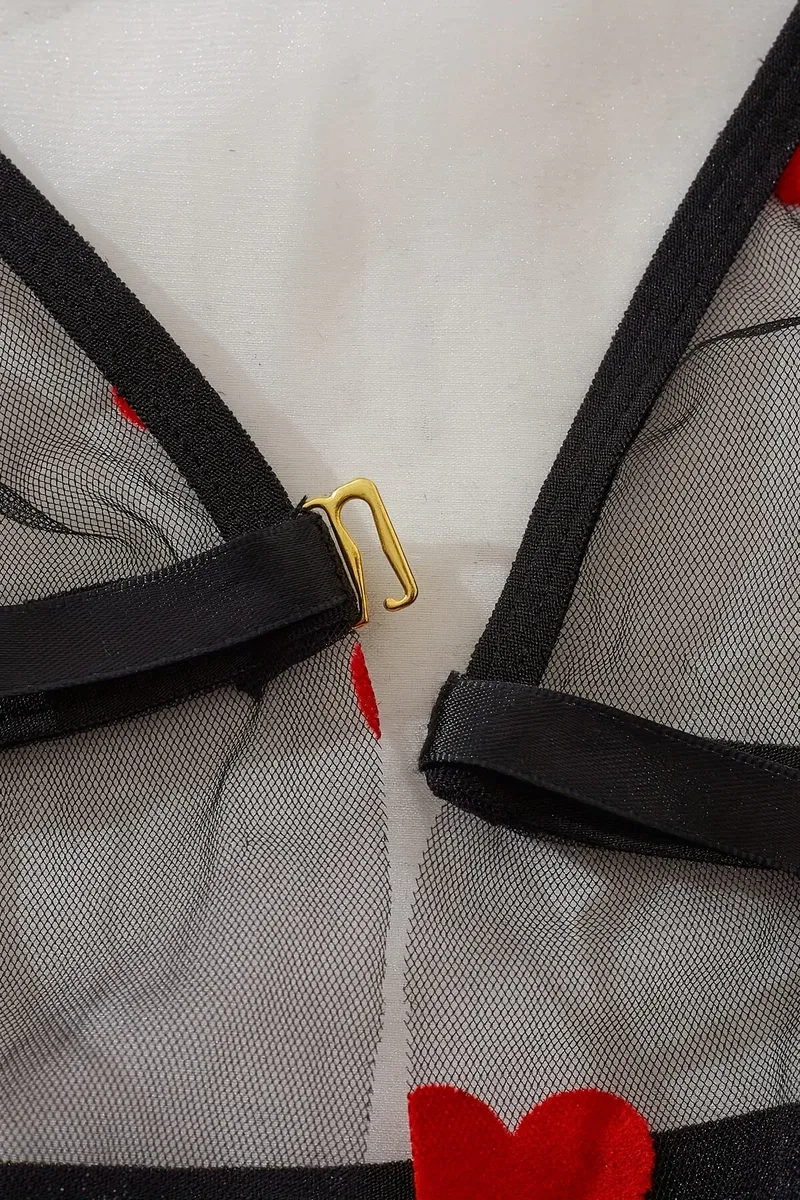 Kadın Bohem Kalp Desenli Siyah Tül Gecelik görsel 3