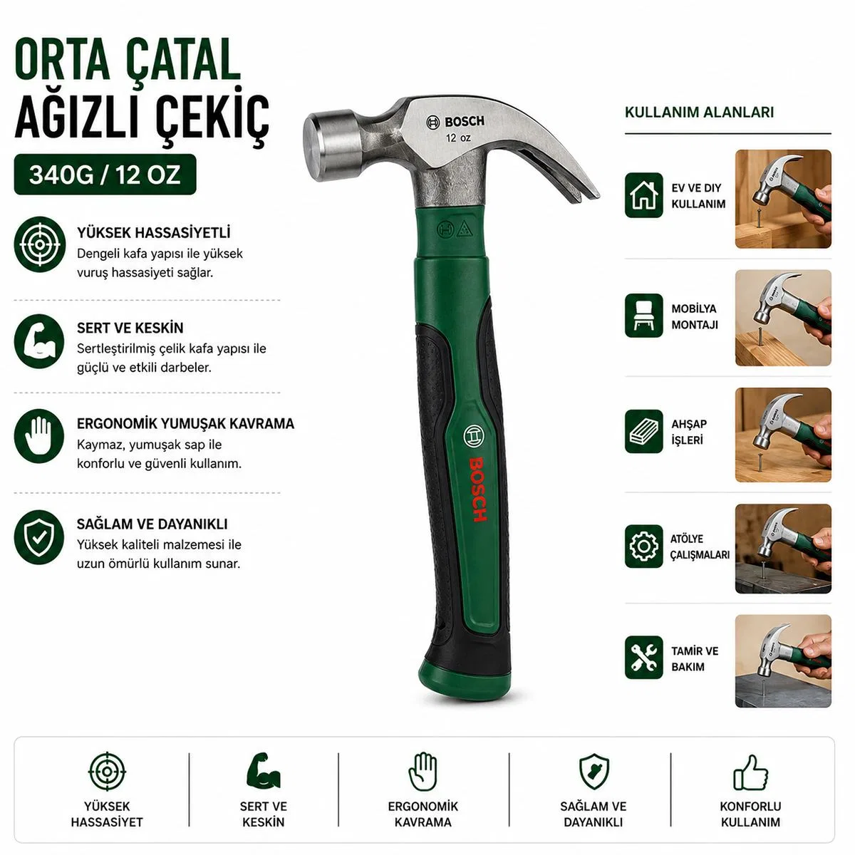 12 oz Orta Çatal Çekiç 24 cm - Ergonomik Yumuşak Sap görsel 2