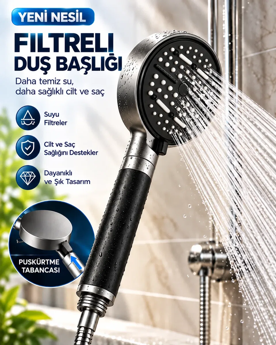 Modern Tasarımlı 6 Modlu Filtreli Duş Başlığı Büyük Panel Metalik Siyah Duş Aparatı