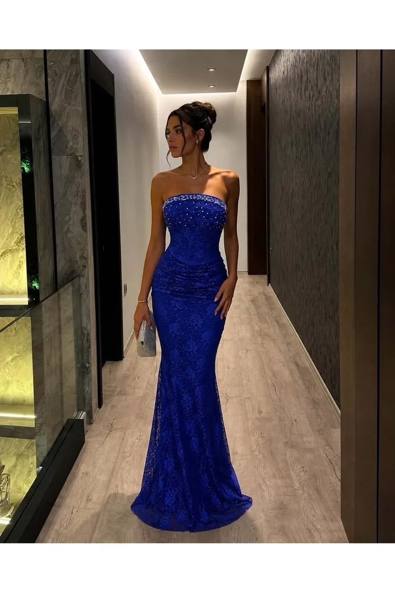 Kadın Vintage Straplez Kolsuz Nakışlı İşlemeli Bodycon Elbise görsel 8