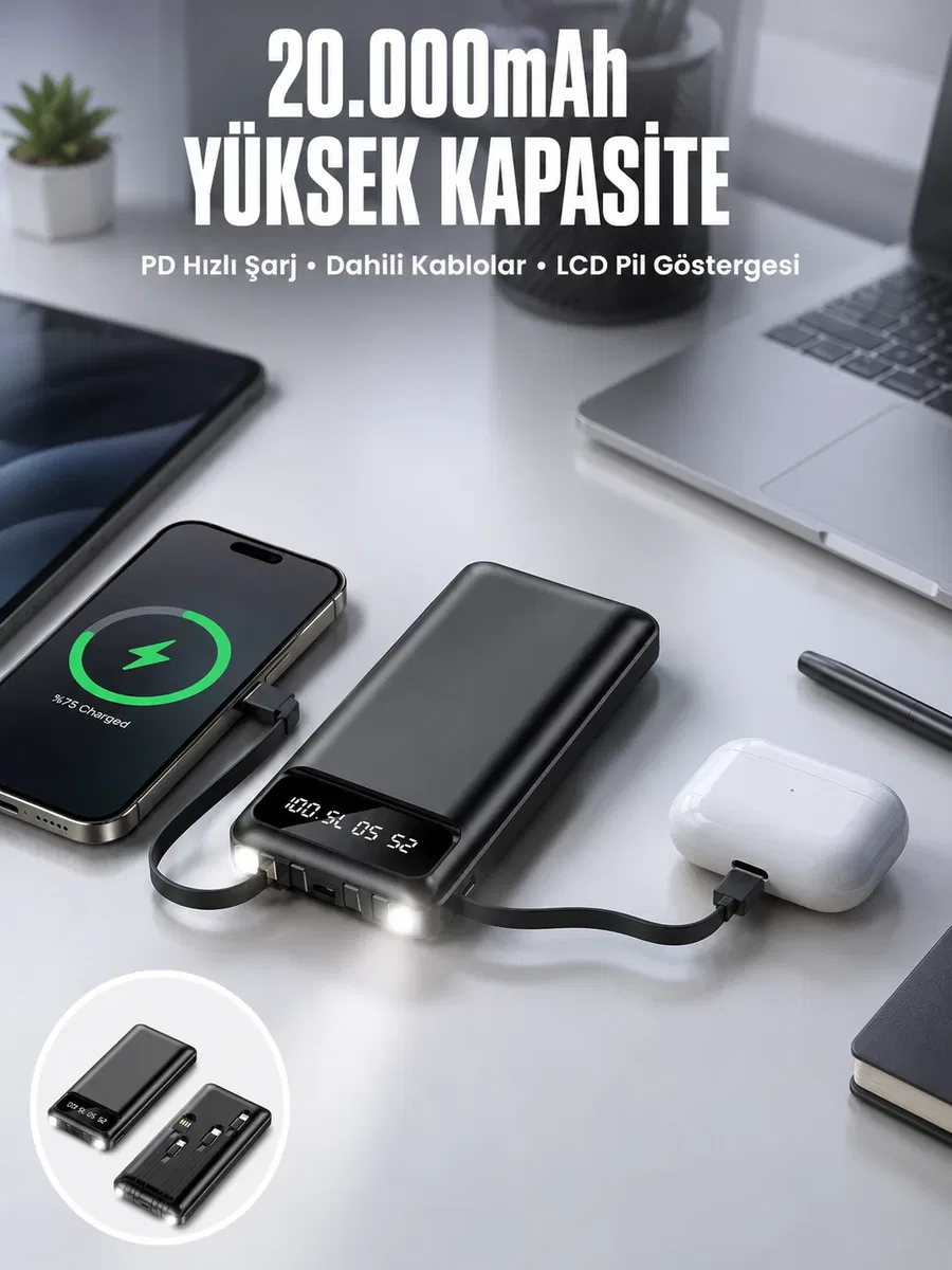 Powerbank 20. 000 Mah Dijital Göstergeli LCD Ekran Uzun Pil Ömrü Yeni Nesil