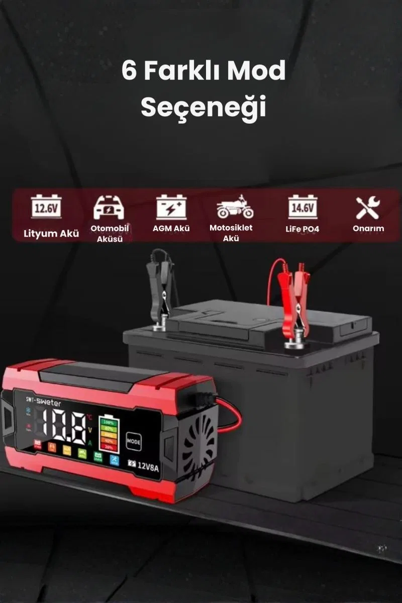 12v 8a Akıllı Akü Şarj Cihazı 12v 8a Lcd Ekranlı Pulse Repair Otomatik Akü Şarj & Desülfatör görsel 3