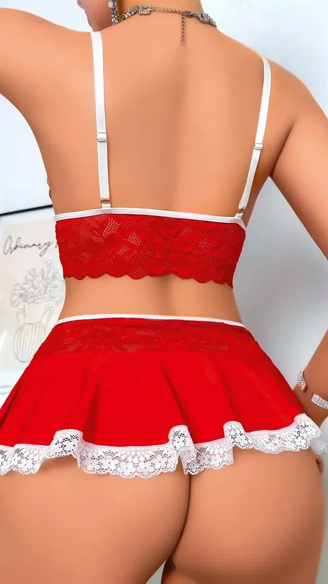 Kırmızı Dantel İşlemeli Büstiyerli Etekli Kostüm görsel 2