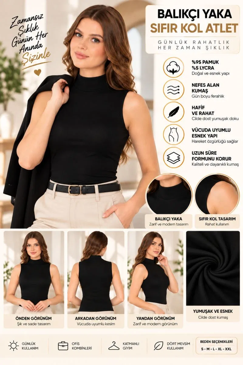 Kadın Balıkçı Yaka Sıfır Kol Atlet Siyah, Esnek Kumaş, Vücuda Oturan Basic Kolsuz Body - ryl - 2614