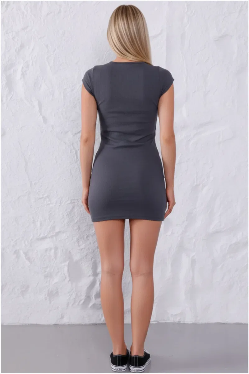 Kadın Şık Bordo Bisiklet Yaka %95 Pamuklu Fitilli Likralı Kaşkorse Slim Fit Basic Mini Elbise görsel 8