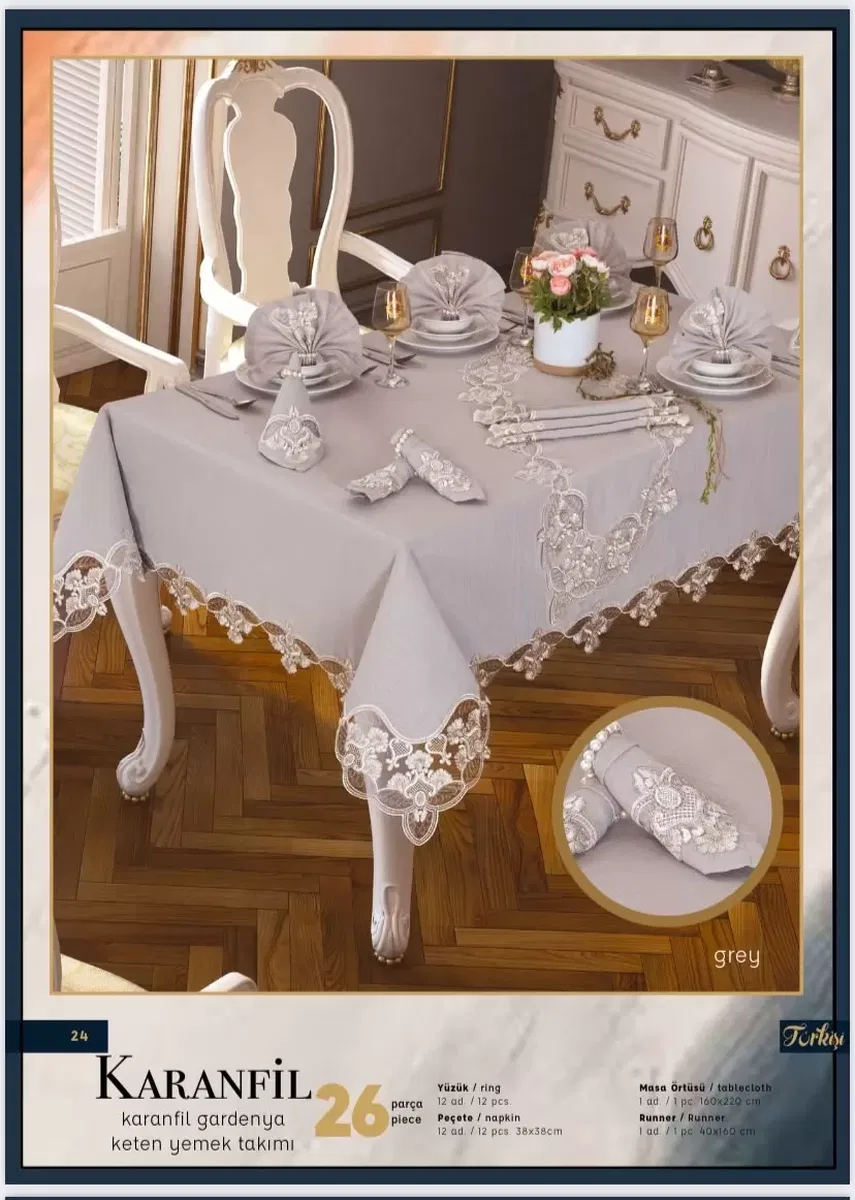 Gardenya Keten Karanfil Gri 26 Parça 12 Kişilik160 × 260 cm Masa Takımı görsel 5