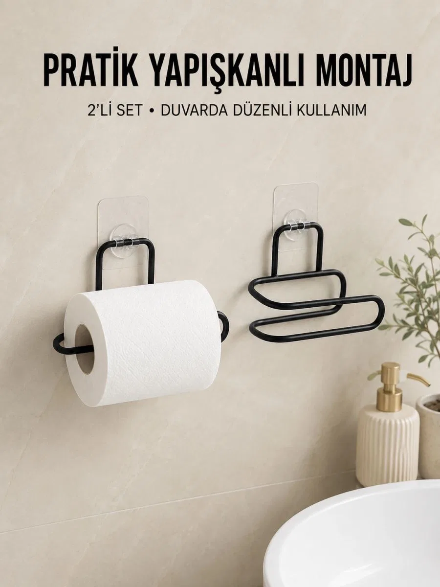 2 Adet Yapışkanlı Wc Kağıtlık Siyah Metal Pratik Duvar Tipi Rulo Tutucu