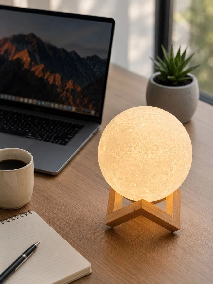 3d Ay Gece Lambası Ahşap Standlı Dekoratif Led Masa Lambası görsel 4