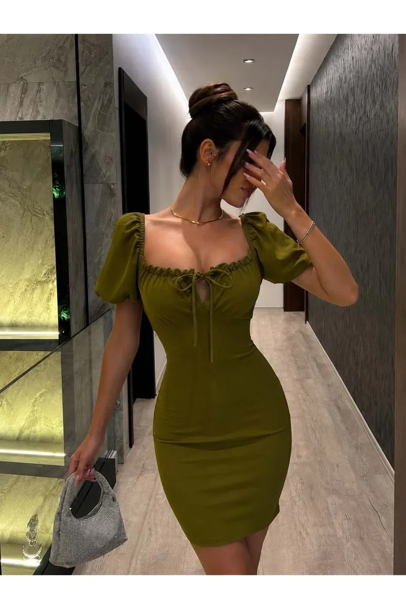 Kadın Tasarım Kısa Kol Krep Kumaş Bodycon Abiye Elbise