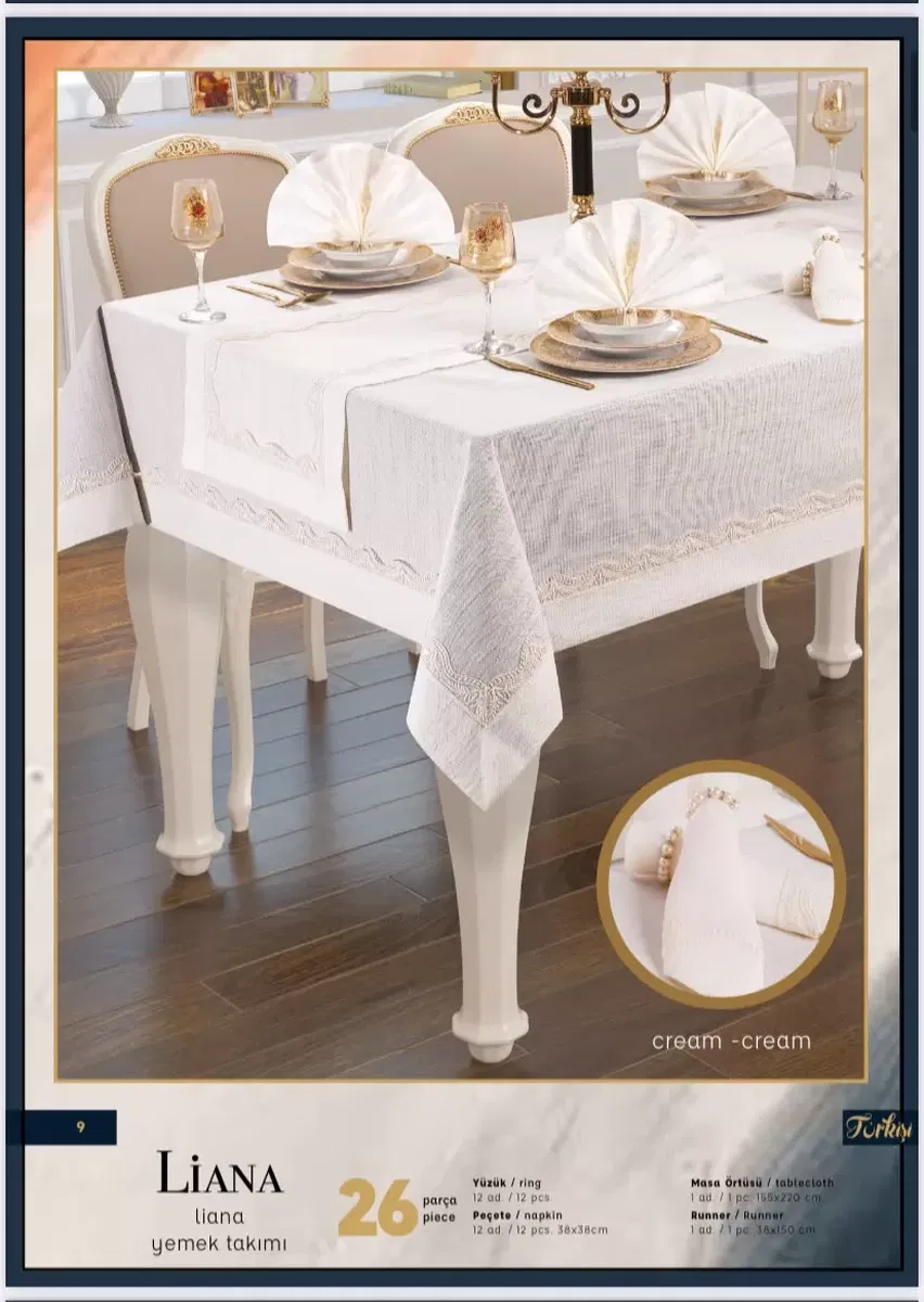 Liana Yemek Takımı Masa Seti 12 Kişilik 26 Parça 155 × 220 cm Runner Set Krem-Krem görsel 2