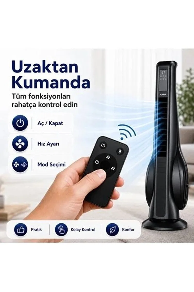 Turbo Smart Akıllı Fan Led Ekranlı Kumandalı 90° Hareketli Serinletici Soğutucu Kule Tipi Vantilatör görsel 4