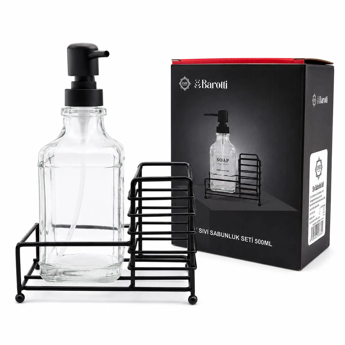 Cam Sıvı Sabunluk 500 ml Siyah Metal Stand ve Pompa görsel 2