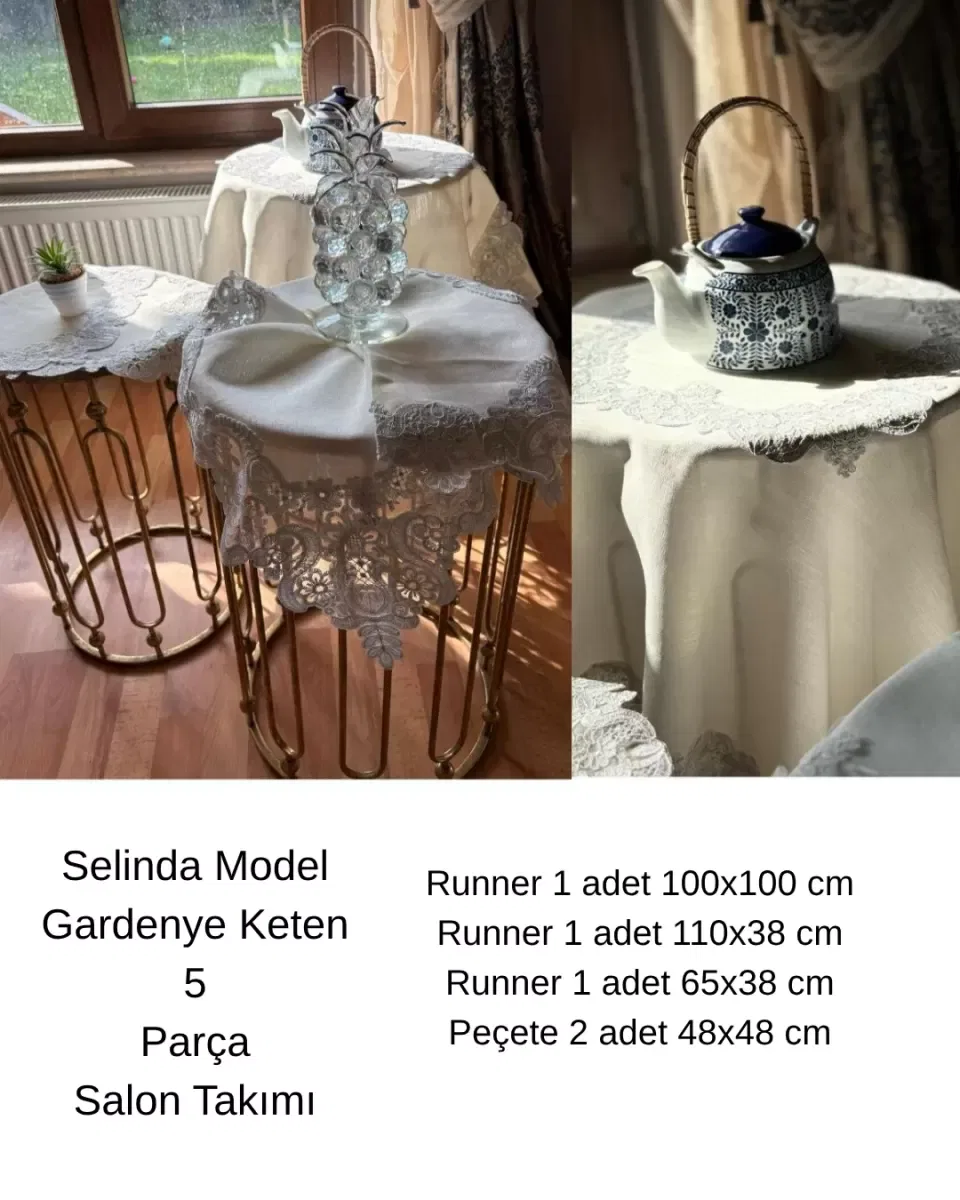 Salon Takımı 5 Parça Dantelli Keten Masa Örtüsü Runner Seti Çeyizlik Şelinda Model No 96350 Krem-Krem görsel 2