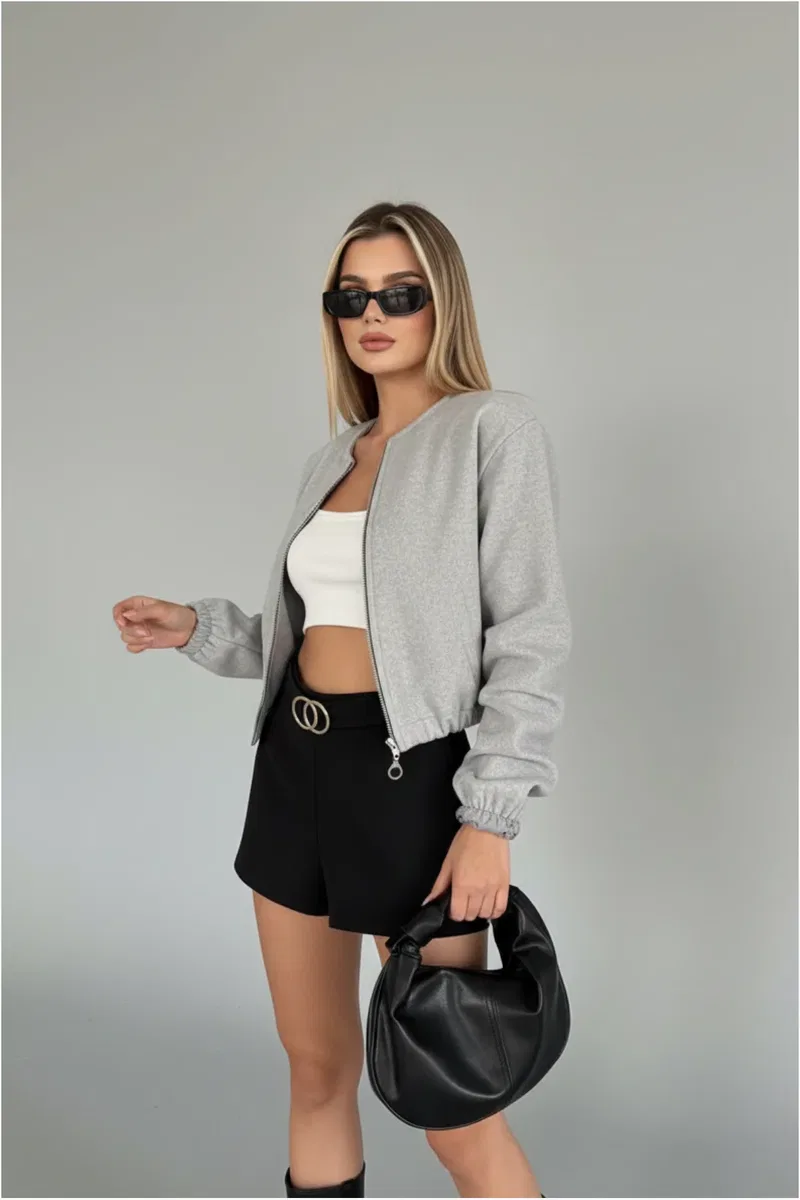 Kadın Şık Koyu Gri Basic Fermuarlı Crop Bomber Ceket görsel 6