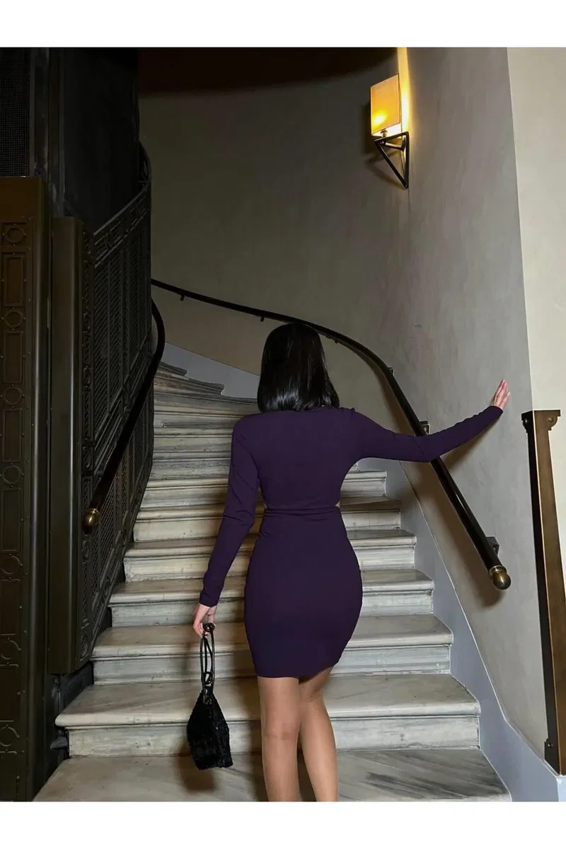 Kadın Yeni Sezon Mezuniyet Elbisesi V Yaka Uzun Kol Abiye Elbise görsel 3