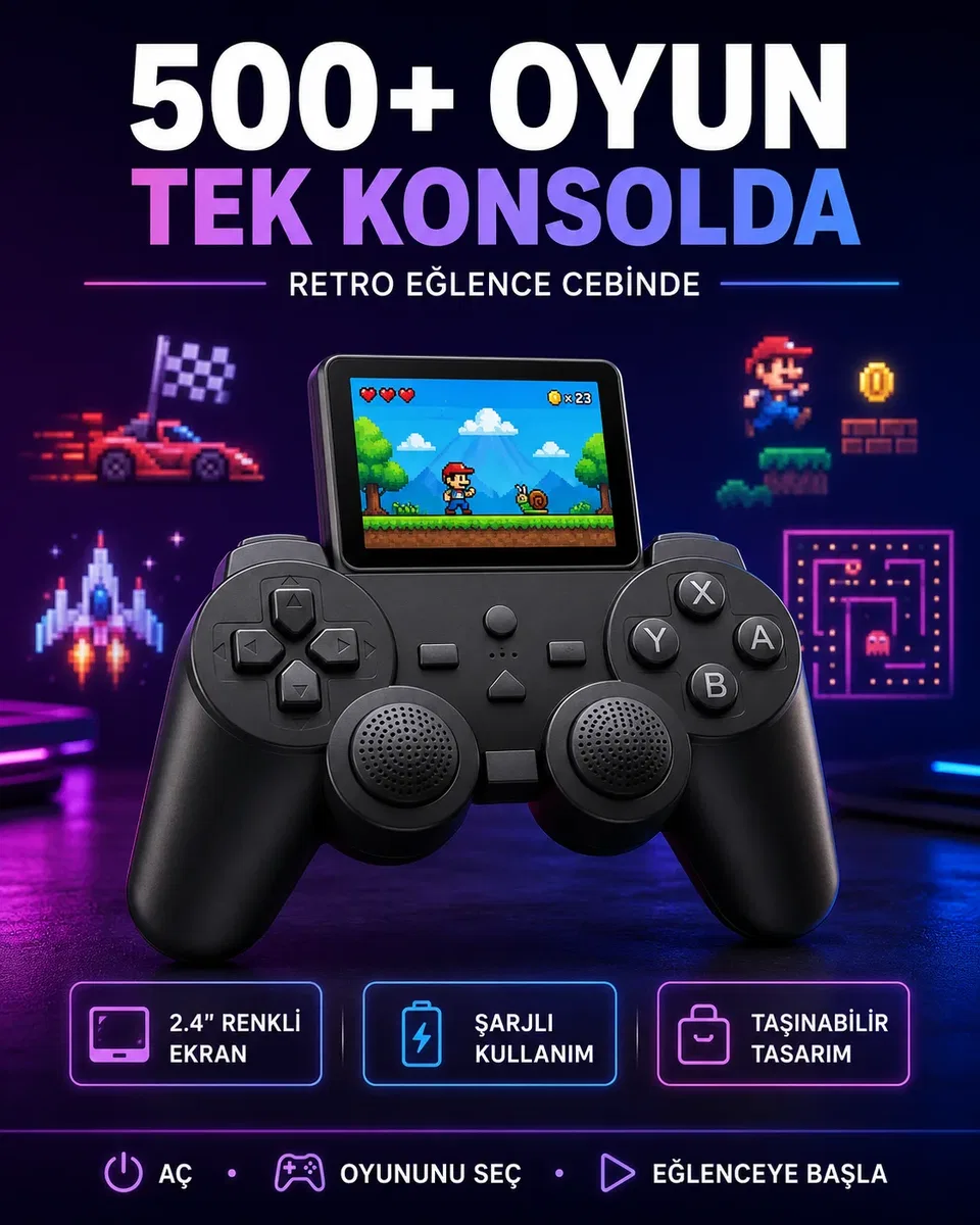 Çocuklar ve Yetişkinler İçin Uygun 500 Oyunlu Taşınabilir Mini Retro El Konsolu