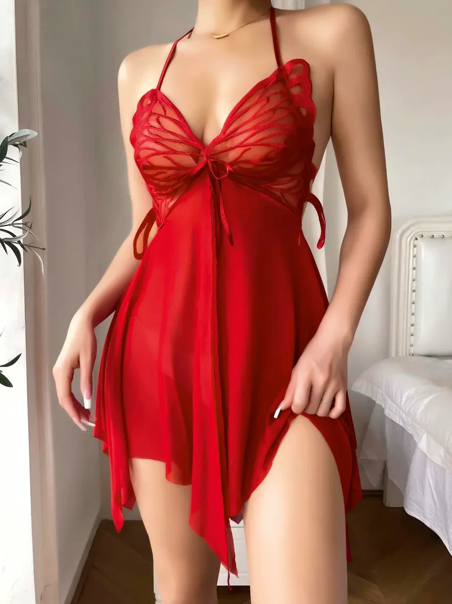 Kadın Kırmızı Kelebek Detaylı Tül Gecelik 2246