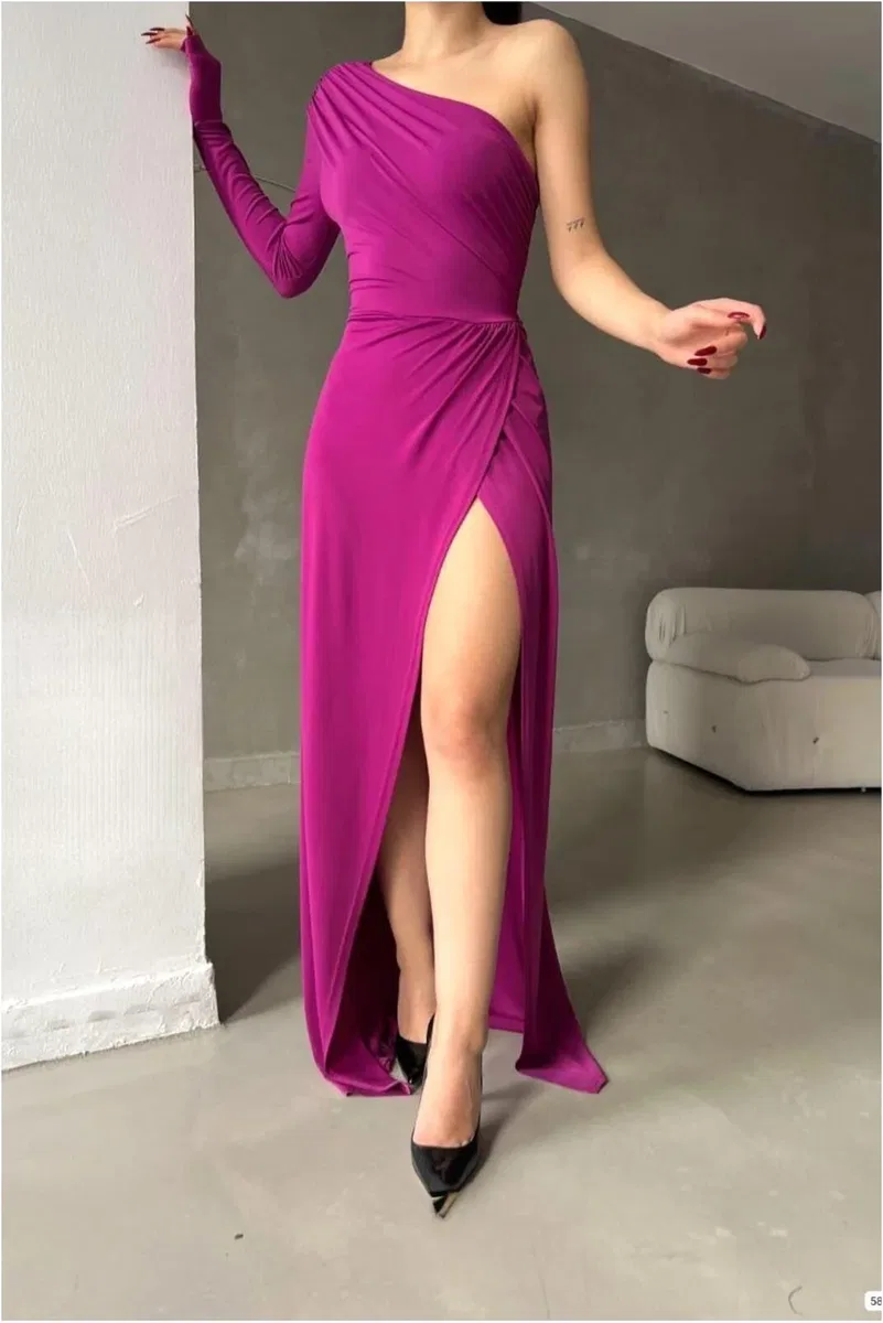 Kadın Modern Stil Saten Kumaş Tek Omuz Dekolteli Maxi Abiye Elbise görsel 2