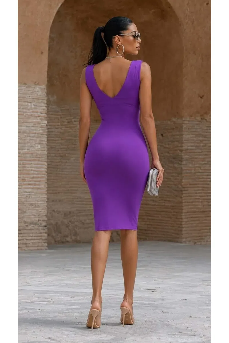 Kadın Trend Tasarım V Yaka Kolsuz Bodycon Mini Elbise görsel 4