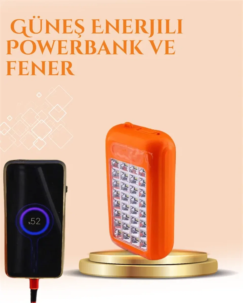 Gold Silver Güneş Enerjili Powerbank Işıldak – 10000 mAh, Taşınabilir, Suya Dayanıklı, 32 LED görsel 2