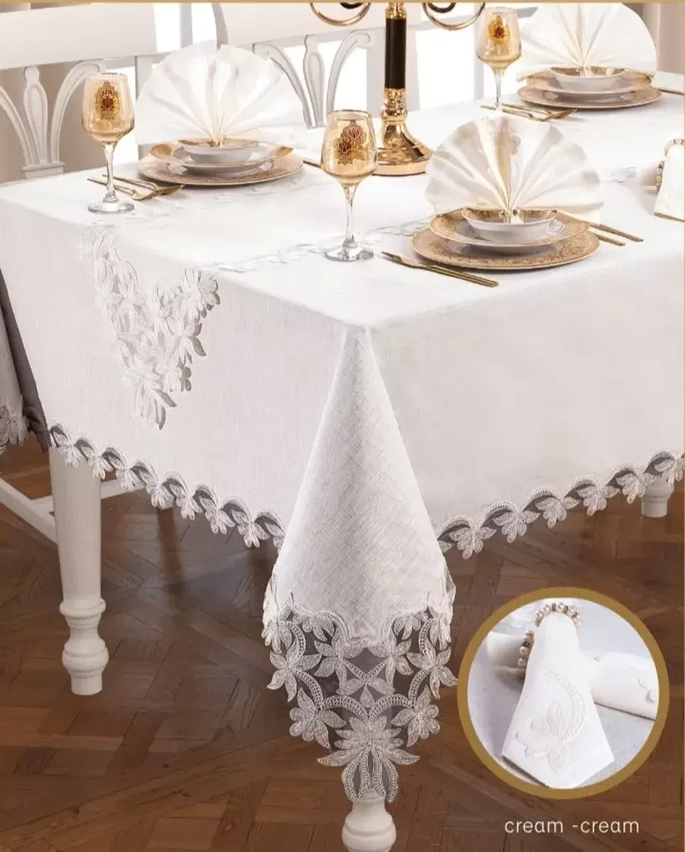 Helena Kreme Krem 12 Kişilik 26 Parça Şık 155 × 220 cm Runner Çeyizlik Masa Takımı görsel 4