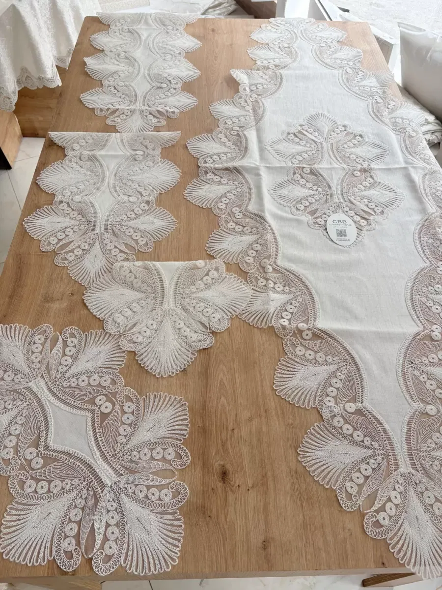 Salon Takımı Çeyizlik Krem Runner Set 5 Parça Keten Ranır Masa Konsol Sehpa Örtüsü Lavinya görsel 3
