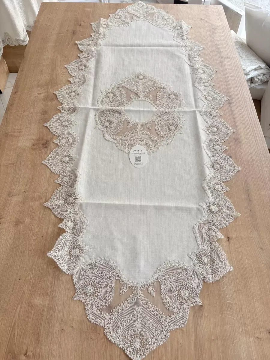 Salon Takımı Çeyizlik Krem Runner Set 5 Parça Keten Ranır Masa Konsol Sehpa Örtüsü Kartanesi görsel 6