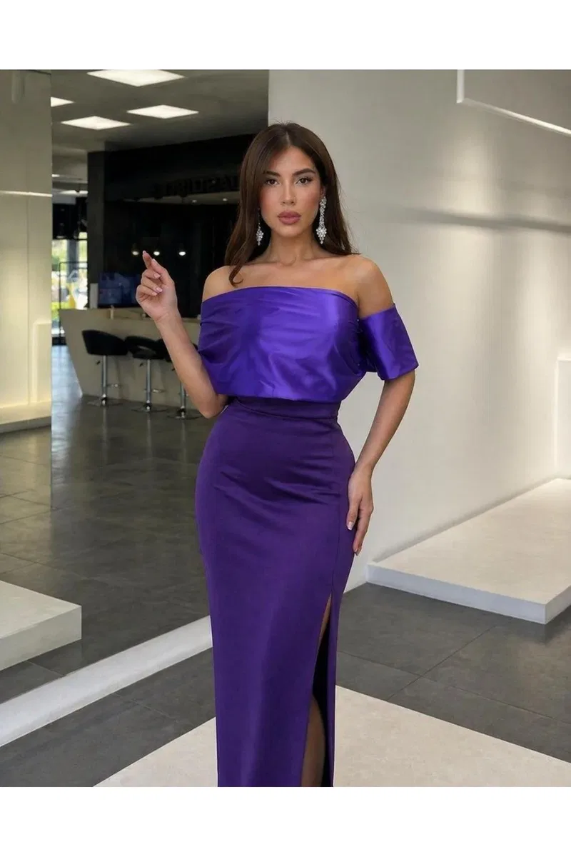 Kadın Şık Model Kayık Yaka Omzu Açık Gömlek Maxi Elbise görsel 5