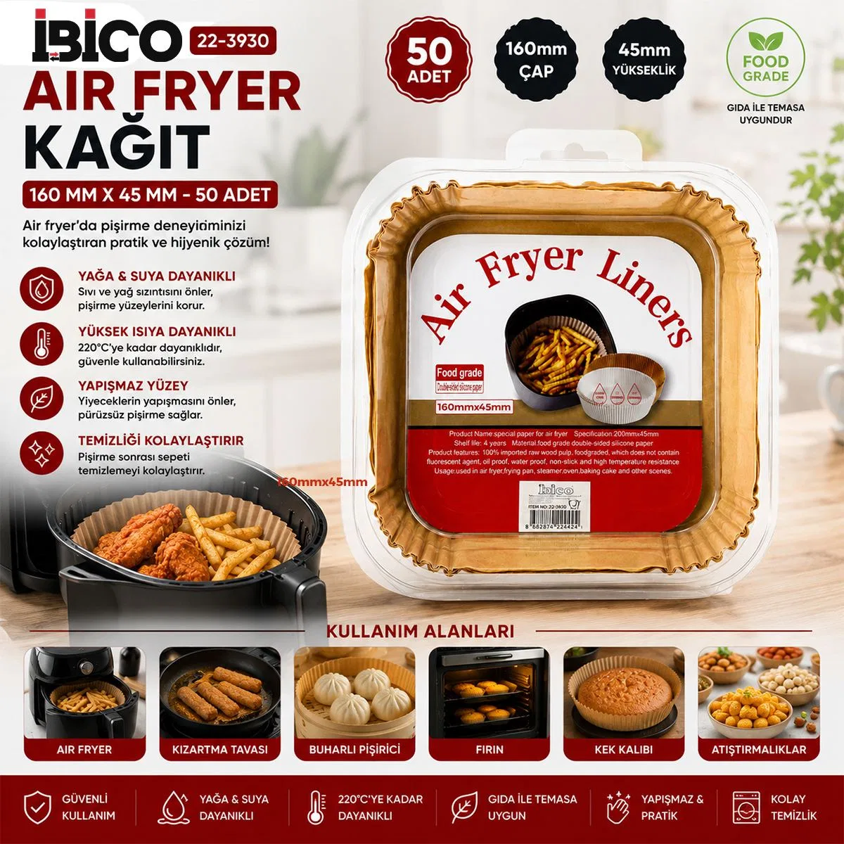 Air Fryer Kağıt Pişirme Kalıbı Kare 16x4. 5 cm 50'li görsel 3