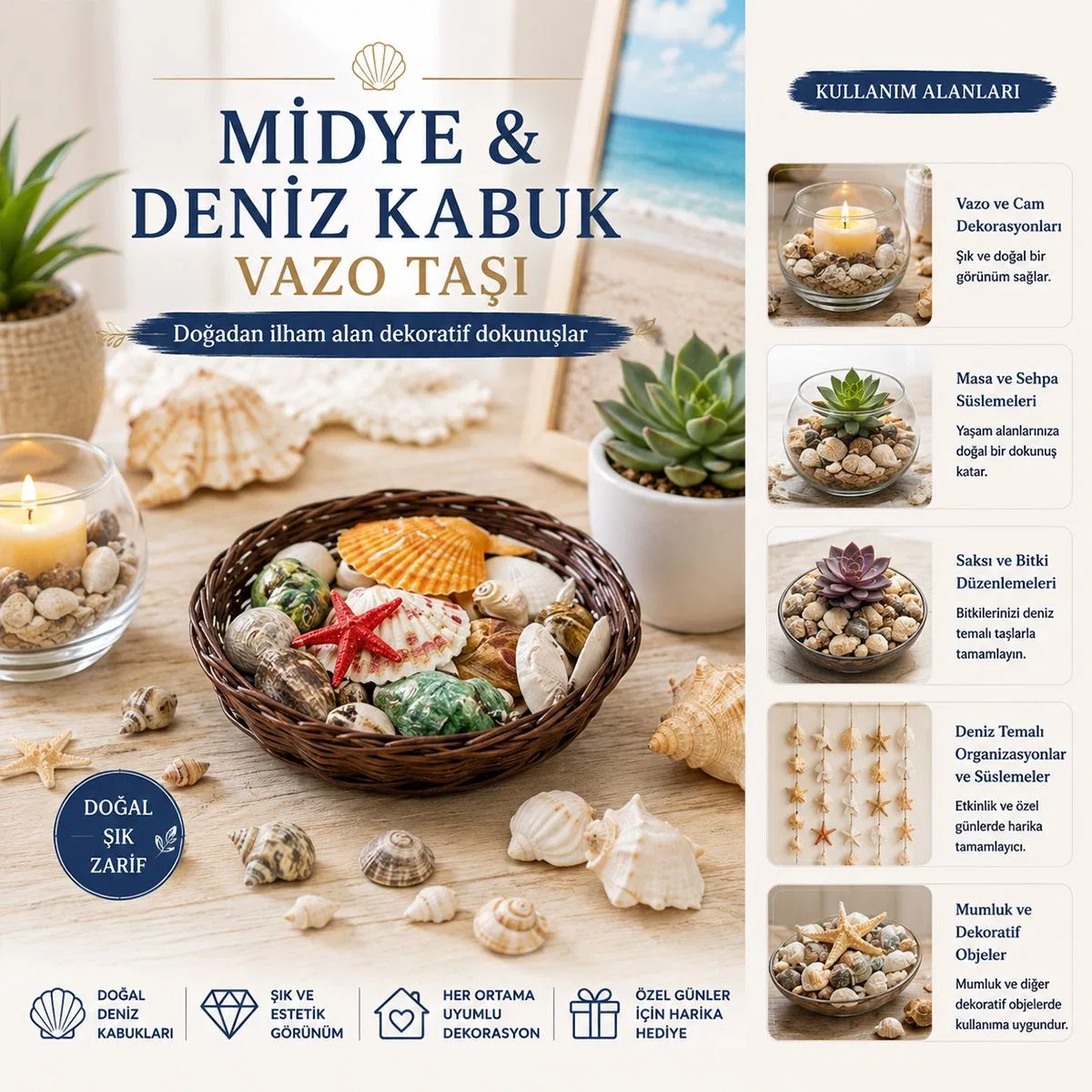 Yuvarlak Ahşap Sepet 54'lü Renkli Midye & Deniz Kabukları - Vazo Taşı Seti görsel 2