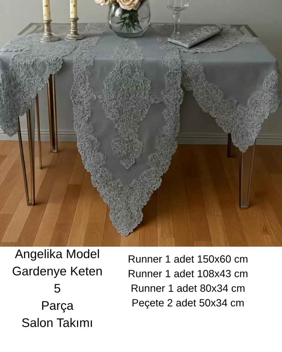 5 Parça Keten Dantelli Angelika Model Simli Gri Salon Takımı Runner Seti görsel 2