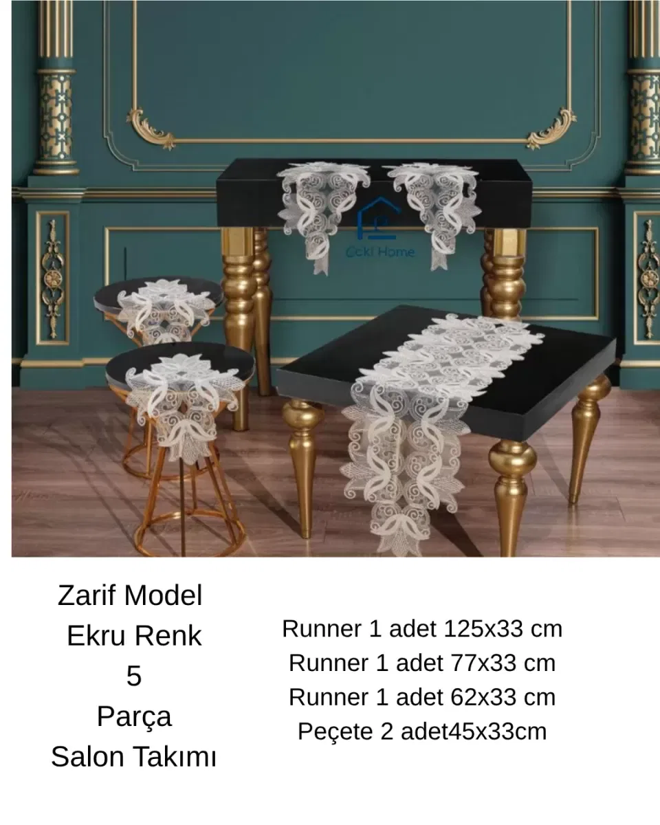 Zarif Model Krem Dantelli Masa Örtüsü Runner Seti Çeyizlik Salon Takımı 5 Parça