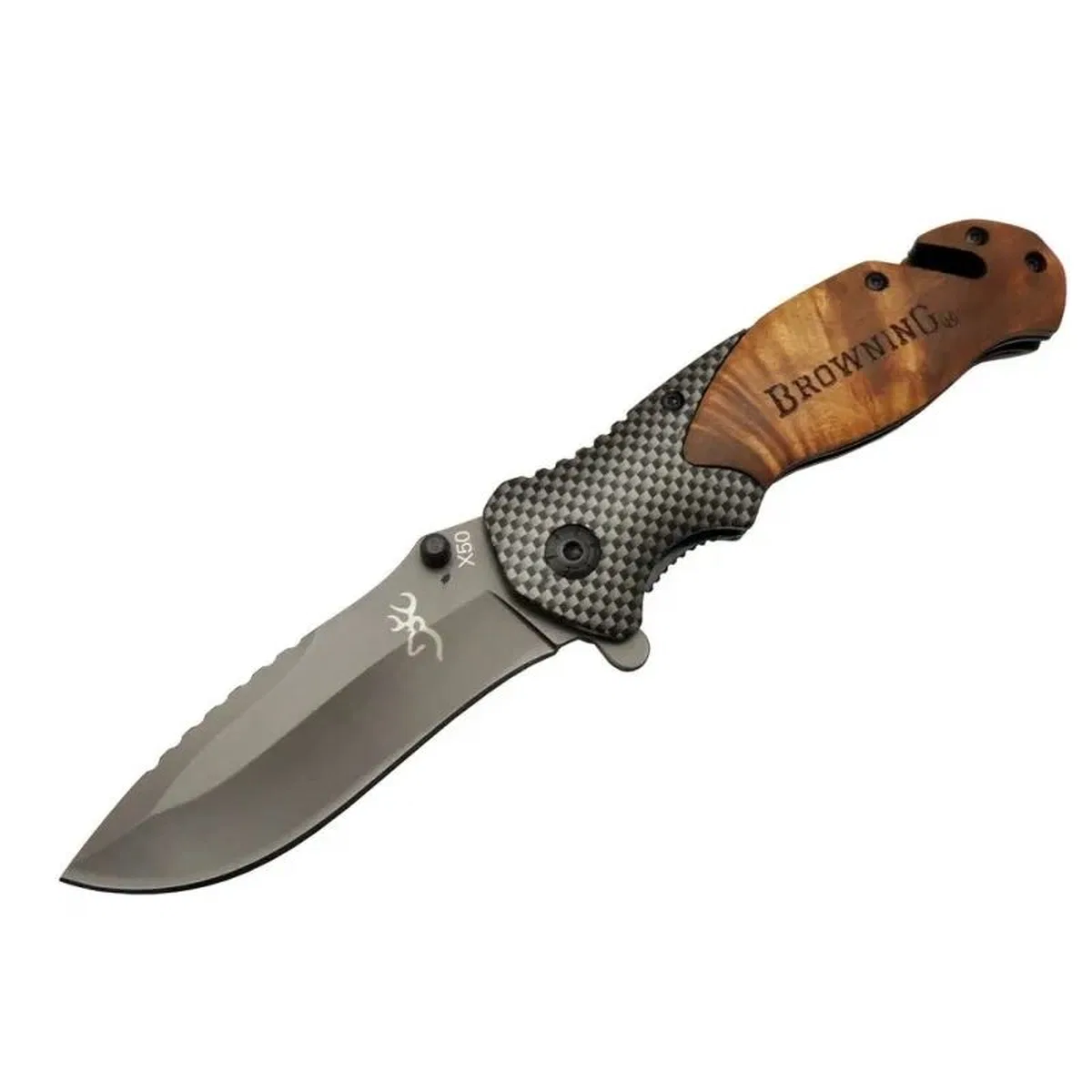 X50 Kahverengi Kurtarma / Kamp Çakısı 20, 5cm- Yarı Otomatik, Kemerlikli, Ahşap Sap, Cam Kırma Ve İp Kesme Aparatlı