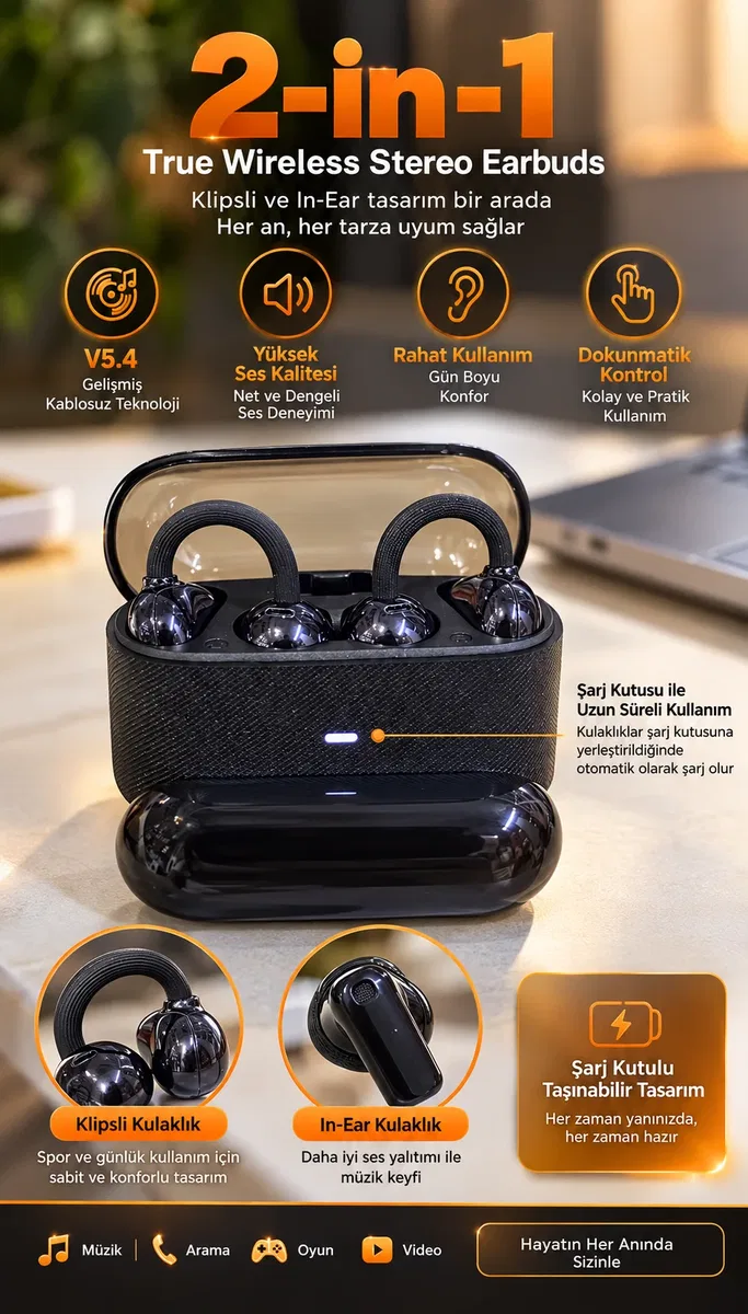 Kablosuz Bluetooth Kulaklık 4 Kulaklıklı 2’si 1 Arada Siyah görsel 3