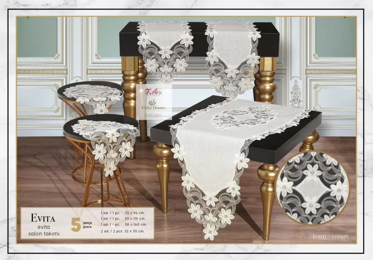 Keten Dantelli Evita Model Krem-Krem 5 Parça Runner Seti Salon Takımı görsel 6