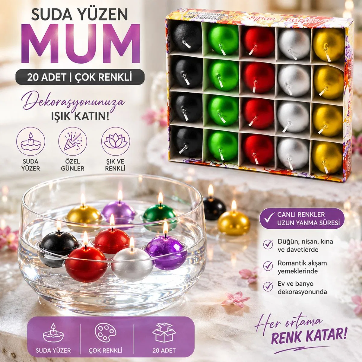 Suda Yüzen Mum 20'li Beyaz ve Renkli görsel 3