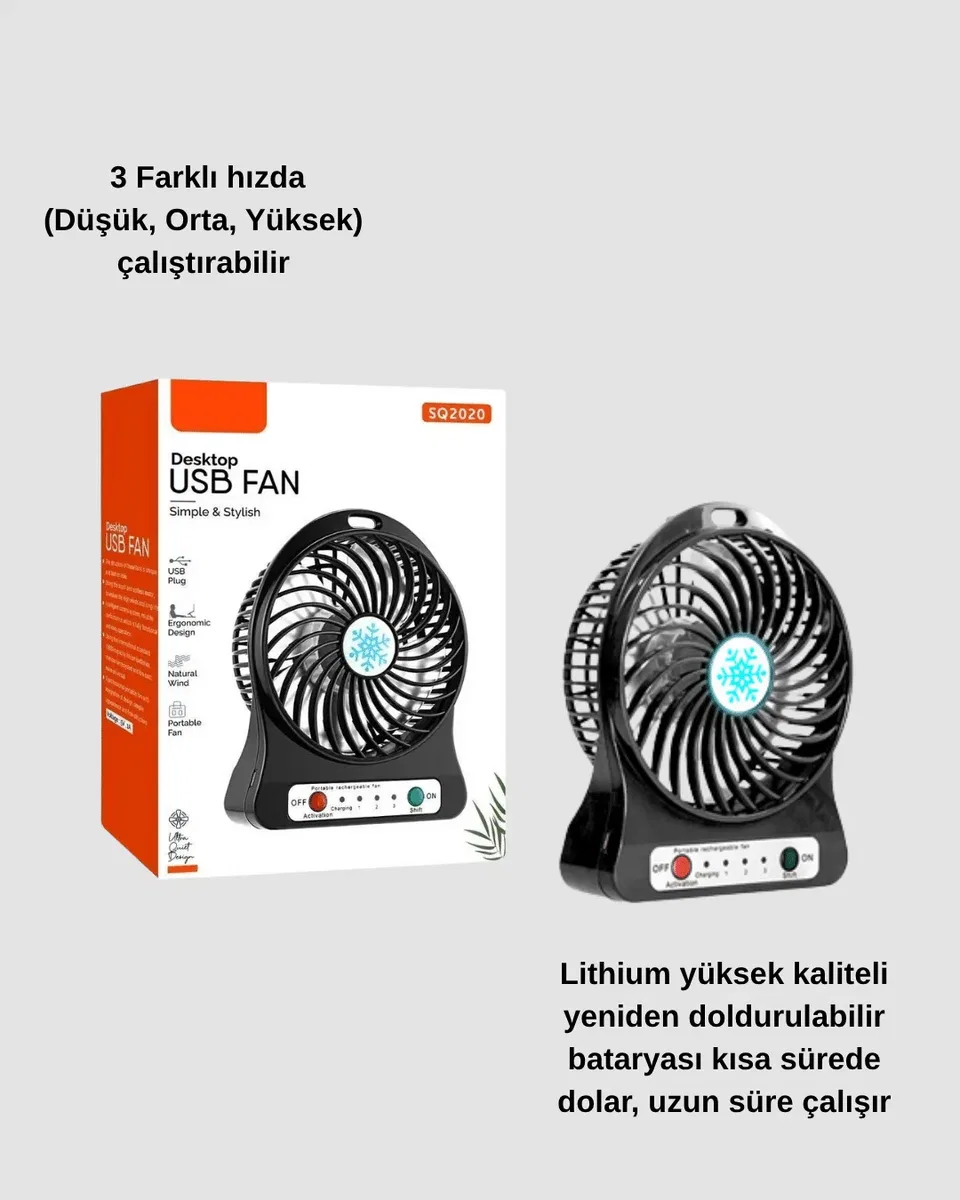 Mini Vantilatör Masaüstü – USB Girişli, Şarjlı, 3 Kademe, Sessiz Motor, Işıklı görsel 3