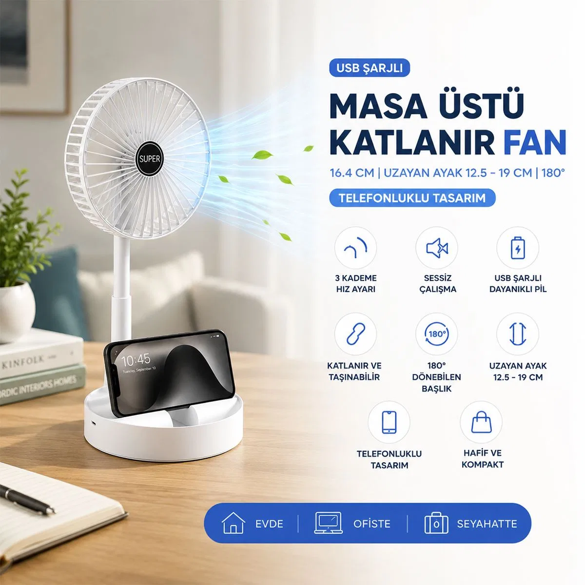 USB Şarjlı Katlanır Masaüstü Vantilatör (16. 4 Cm) görsel 3