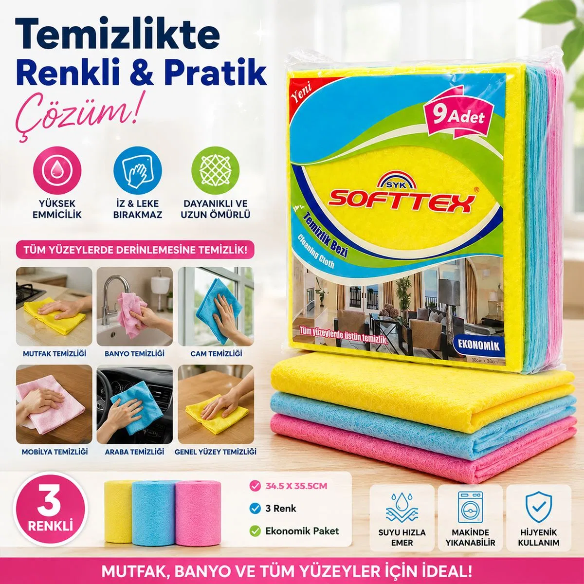 Renkli Temizlik Bezi 9'lu (34. 5x35. 5 cm) - Ekonomik Paket görsel 5