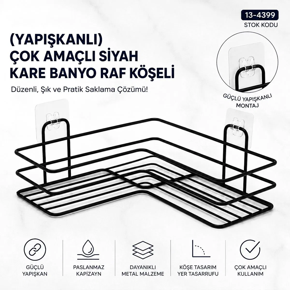 Yapışkanlı Siyah Çok Amaçlı Köşe Banyo Rafı görsel 2
