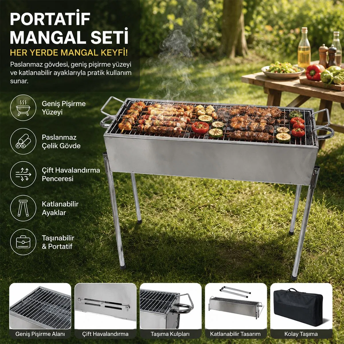 Paslanmaz Portatif Mangal 70 cm Ayaklı Standlı görsel 2