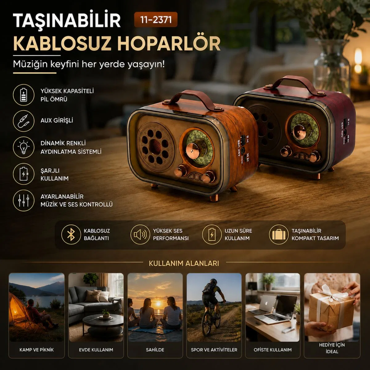 Bluetooth FM Radyo Hoparlör — USB/TF MP3, USB Şarjlı Nostaljik İbreli görsel 3