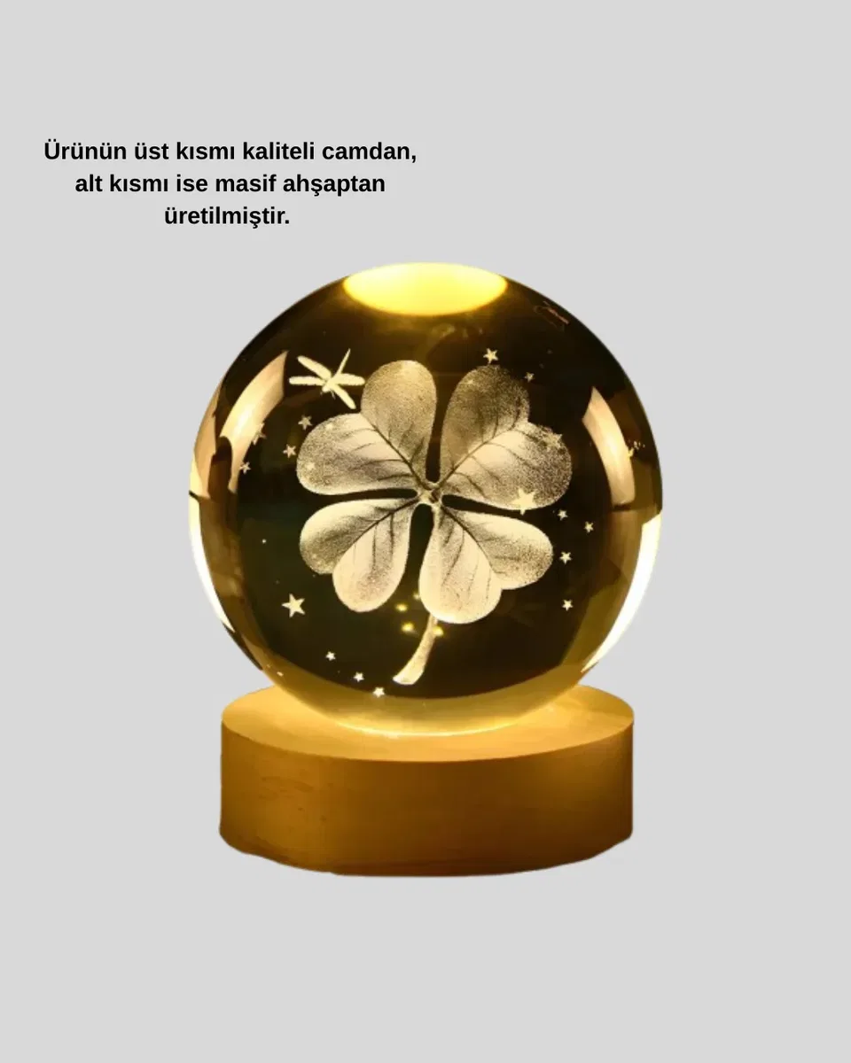Dekoratif Yonca Görünümlü Işıklı Kristal Cam Küre USB Masa Gece Lambası görsel 2