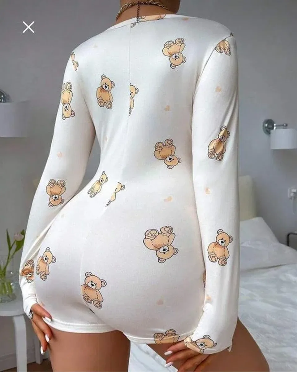 Pamuklu Beyaz Ayıcık Desenli Düğmeli Uzun Kol Tulum Pijama görsel 3